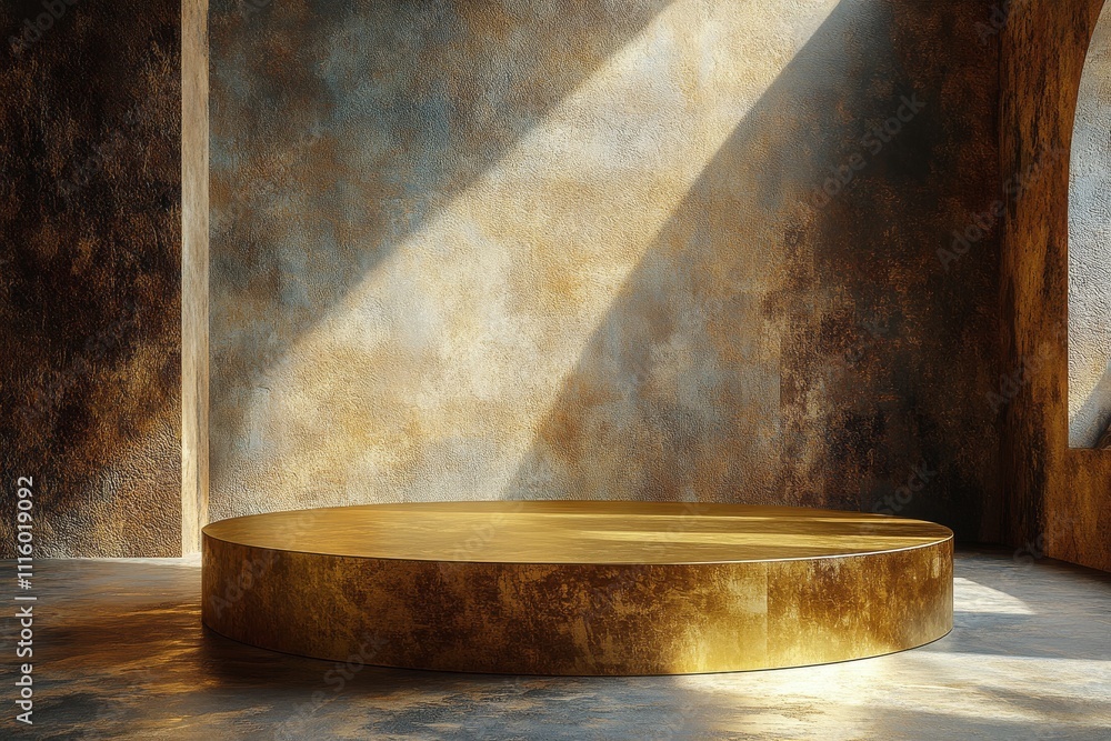 Poster elegant golden circular platform illuminated by soft natural light in a minimalist setting