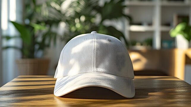 White baseball cap with small embroidered logo on wooden table, photographed with soft natural lighting and blurred indoor background featuring plants, lifestyle aesthetic.