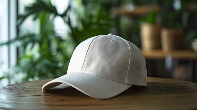 White baseball cap with small embroidered logo on wooden table, photographed with soft natural lighting and blurred indoor background featuring plants, lifestyle aesthetic.
