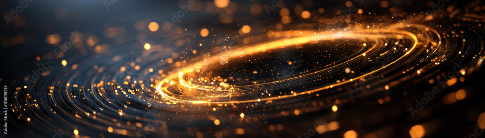 Poster a mesmerizing swirl of golden light and sparkles, creating a cosmic, ethereal effect against a dark 