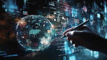 Fototapeta premium Digital background featuring data and technology symbols, in a dark blue color theme, with a futuristic style and a business people working in an office environment. 