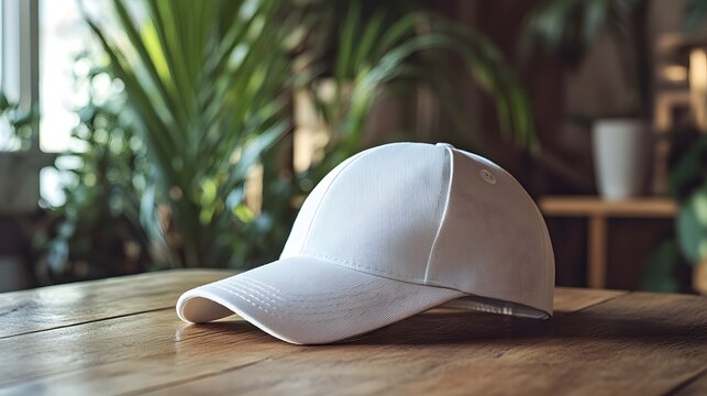White baseball cap with small embroidered logo on wooden table, photographed with soft natural lighting and blurred indoor background featuring plants, lifestyle aesthetic.