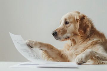 Dog with contract in paws. Golden retriever signing documents at table on white background. Conceptual photo of business animal holding contract.