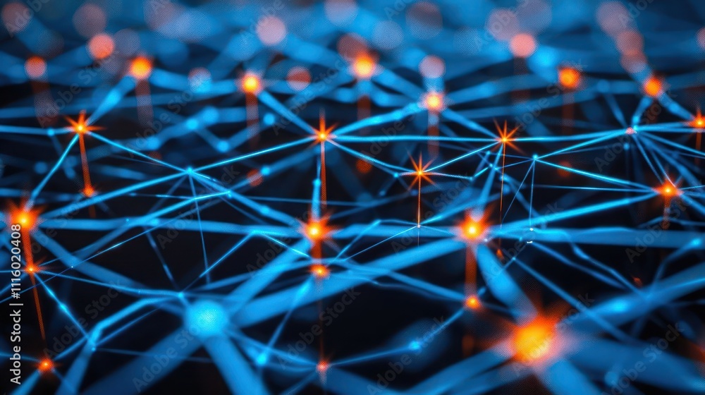 Poster abstract representation of interconnected nodes and networks with glowing elements.