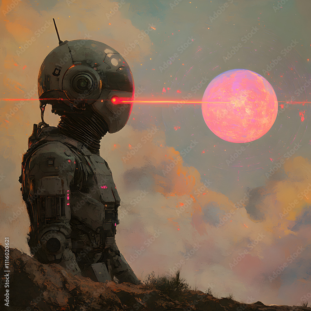 Poster ai automaton scanning for signals on distant planet sci-fi landscape futuristic environment side vie