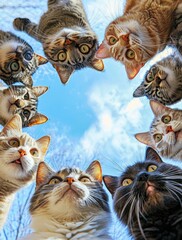 cats of various breeds gather together to form an abstract circular shape.  Looking Down on the...