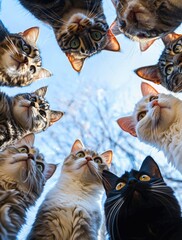 cats of various breeds gather together to form an abstract circular shape.  Looking Down on the...