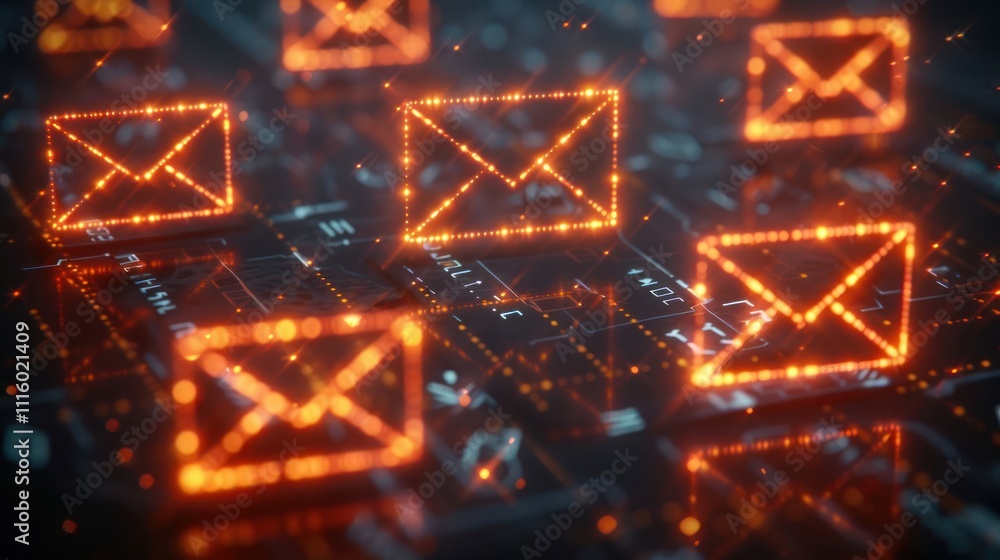 Poster digital representation of email communication with glowing envelope icons on a keyboard.