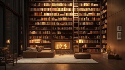 Cozy library with fireplace, bookshelves, and comfortable seating.