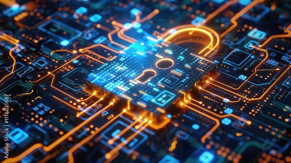 Poster a digital lock symbol on a circuit board, representing cybersecurity and data protection.