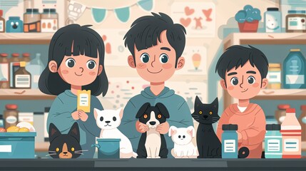 Cute illustration of a happy family with children and pets, including dogs and cats, surrounded by greenery and playful vibes.
