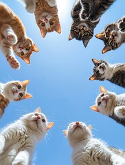 cats of various breeds gather together to form an abstract circular shape.  Looking Down on the...