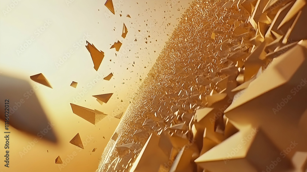 Aufkleber abstract golden geometric shapes explode in a vibrant sunset, creating a dynamic and visually striki