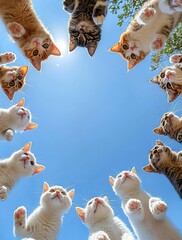 cats of various breeds gather together to form an abstract circular shape.  Looking Down on the...