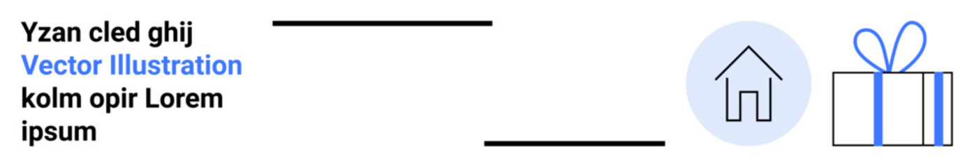 Text with lines above and below, an icon of a house within blue circle and a blue gift box with ribbon. Ideal for presentations, website design, marketing materials, blogs, social media graphics