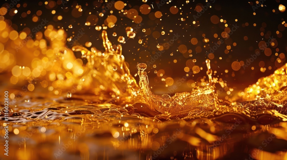 Poster a close-up of splashing golden liquid creating dynamic patterns and bokeh effects.