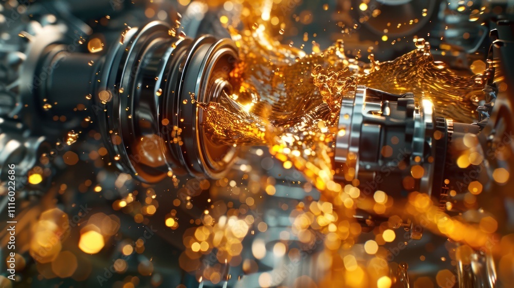 Poster a close-up of a mechanical component with fluid dynamics and metallic textures.