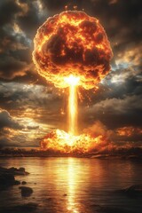 Fototapeta premium Mushroom cloud explosion over water with glowing fire and reflections, symbolizing power and destruction, suitable for cinematic visuals, action posters, and wallpapers.