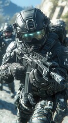 Futuristic soldier in tactical armor aiming a weapon, symbolizing combat readiness and action, ideal for military posters, gaming visuals, and cinematic designs.

