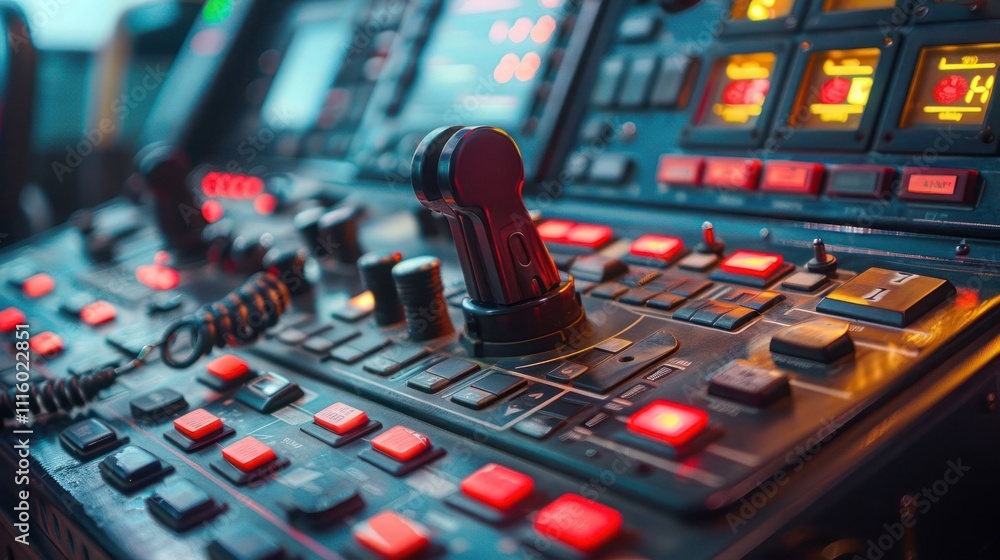 Poster control panel featuring buttons and a joystick, likely used in technology or machinery.