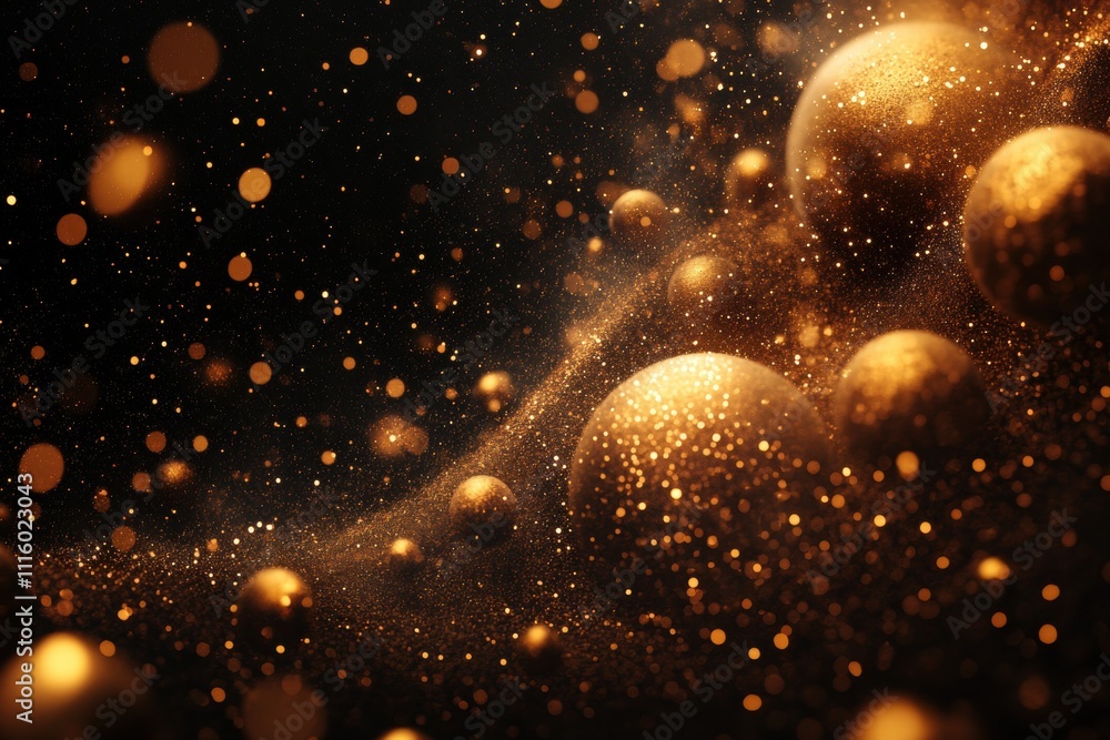 Poster dynamic golden spheres floating in space abstract art cosmic environment high-contrast viewpoint vis