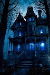 Obraz premium A Spooky Halloween Night at the Enigmatic Victorian Mansion: Mystery and Eerie Atmosphere in a Dark Forest