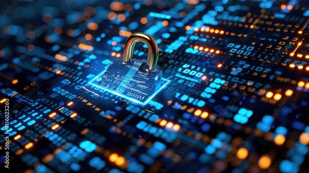 Poster a digital lock on a circuit board, symbolizing cybersecurity and data protection.
