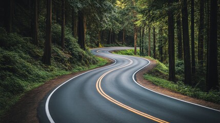 Fototapeta premium Winding road through lush green forest.