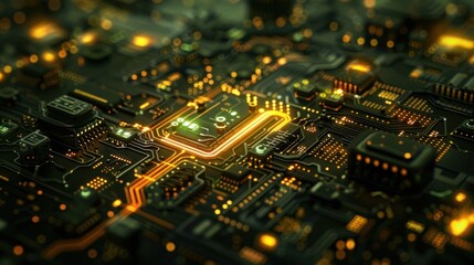 Obraz premium A close-up view of a circuit board with glowing components and intricate pathways.