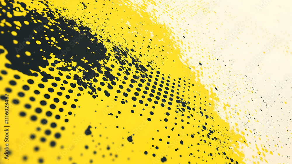Poster abstract yellow and black paint splatter texture background with halftone dots, perfect for modern d