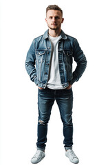 Fototapeta premium a handsome man wearing a denim jacket skinny jean standing on white background