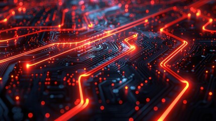 Fototapeta premium A close-up view of a circuit board with glowing lines and lights, representing technology.