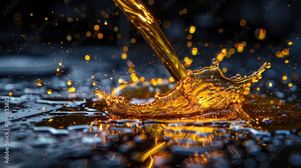 Poster a golden liquid splashes dramatically, creating a mesmerizing effect on a reflective surface.