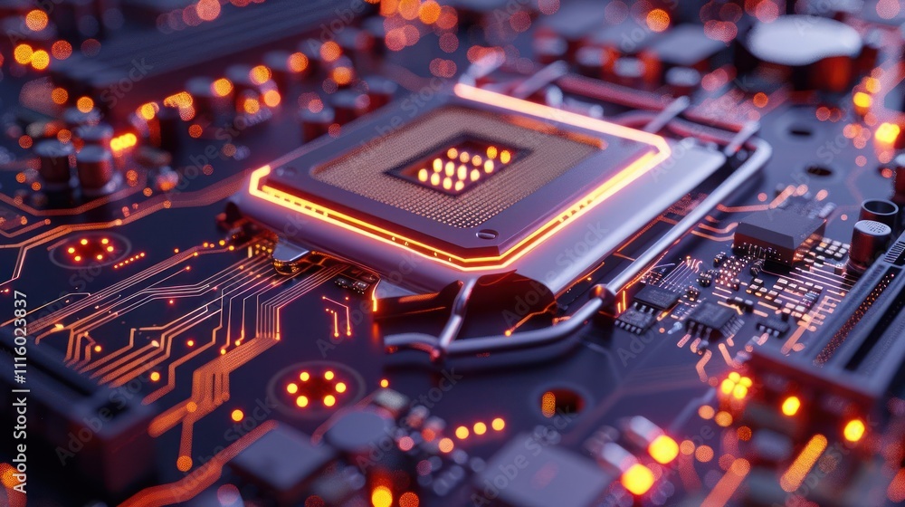 Poster close-up of a circuit board with a glowing processor, showcasing technology and innovation.