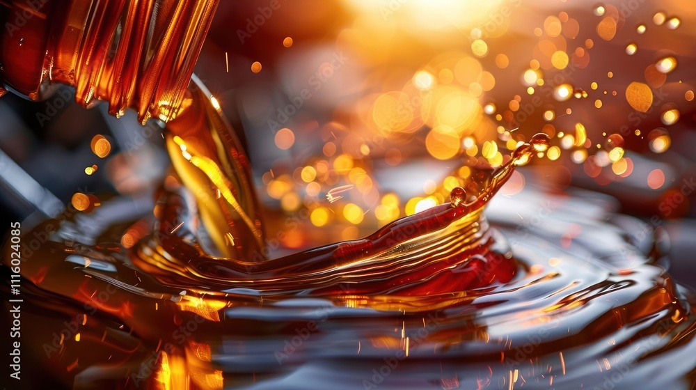 Poster a close-up of liquid being poured, creating splashes in a reflective surface.