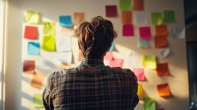 Person planning with sticky notes, symbolizing organization and time management.