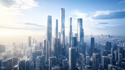 Fototapeta premium Urban Innovation A Futuristic Skyline Under Blue Skies
