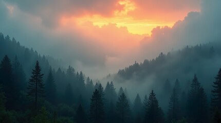 Whispers in the Mist: A Fir Forest in Vintage Retro Aesthetic, Showcasing the Fog-Kissed Mystique of Nature