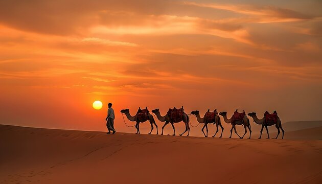 Desert sunset with camels and leading man, animal, big mammal with hump a livestock of a sandy tropical arid  hot and dry warm landscape, jamal, chameau, camello, camelo, oont, unt stockphoto 
