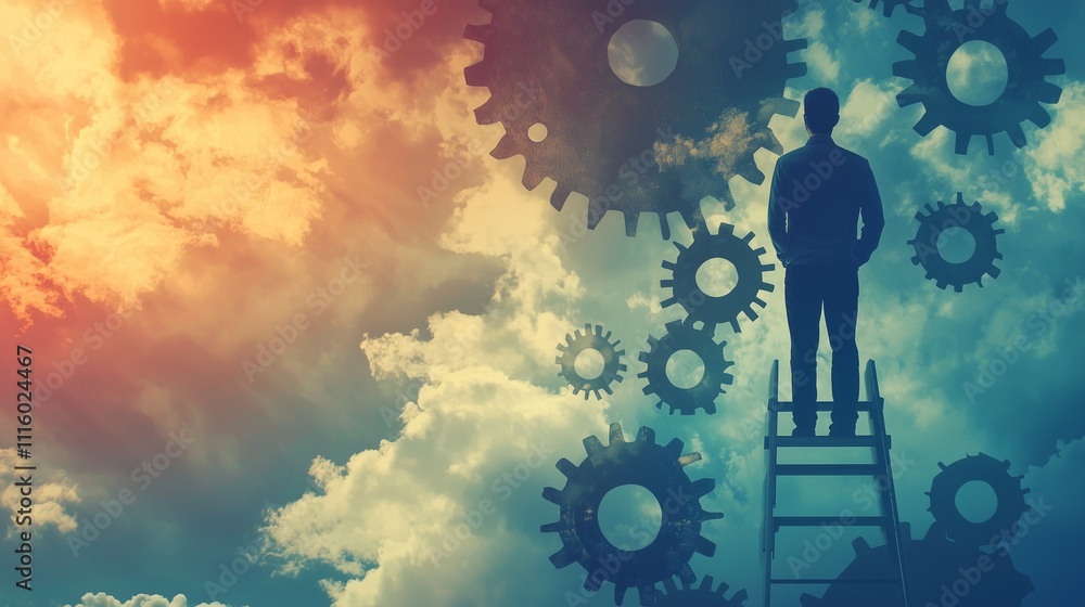 Poster silhouette on ladder amidst gears symbolizes workflow optimization and efficiency.