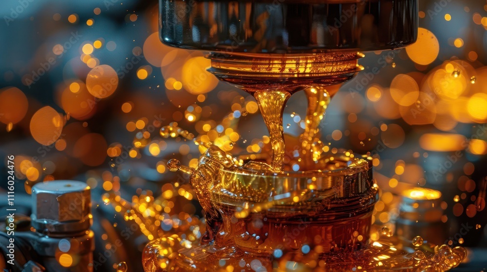 Poster close-up of liquid flowing from a container, creating splashes and bokeh effects.