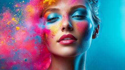 Naklejka premium Portrait with vibrant powder splash in artistic makeup concept