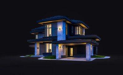 3d rendering of modern two story house with gray and wood accents, large windows, parking space in the right side of the building in night isolated on black