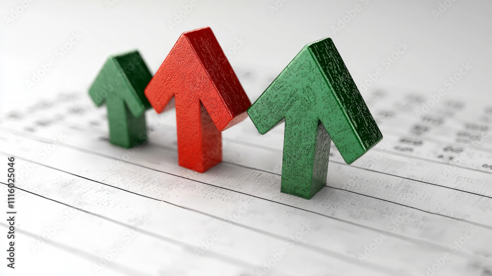 Poster balanced progress graph features green upward arrow and red downward arrow set crisp white backgroun