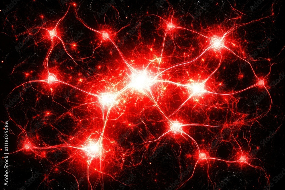 Poster exploring neural connectivity in red light patterns laboratory setting digital art scientific enviro
