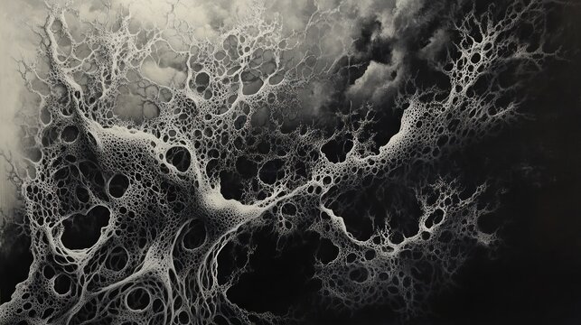 A black and white painting with intricate, vein-like patterns that seem to glow.
