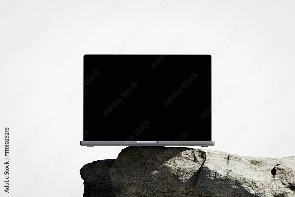 Canvas Prints scene with a opened laptop with a blank screen on the rock