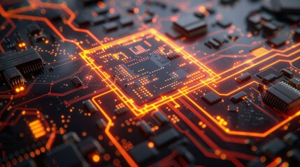 Obraz premium A close-up view of a circuit board with glowing elements, representing technology and innovation.