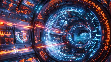 Fototapeta premium A futuristic tunnel with glowing lights and digital interfaces, suggesting advanced technology.