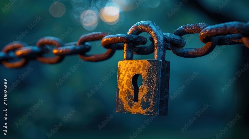 Poster a close-up of a rusty padlock attached to a chain, symbolizing security and restriction.